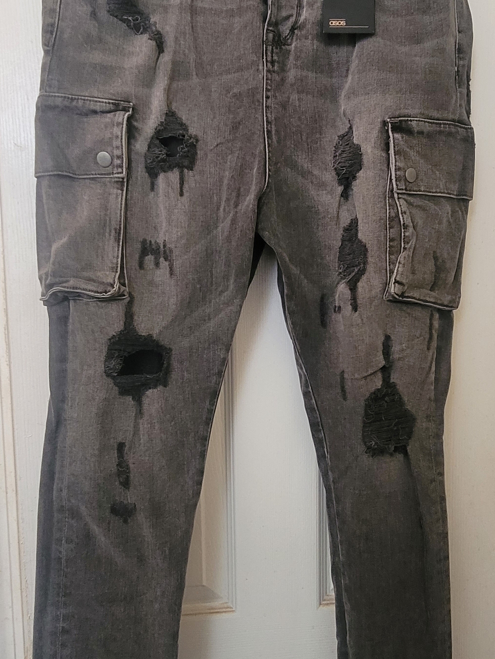 ASOS Gray Distressed Cargo Pants with Flap Pockets